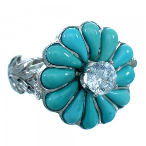 Cubic Zirconia Flower Turquoise Inlay Leaf Sterling Silver Ring Size 6-3/4 LX113182