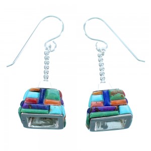 Genuine Sterling Silver Southwest Turquoise Multicolor Inlay Bead Hook Dangle Earrings LX114032