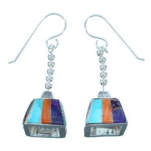Southwestern Sterling Silver Multicolor Inlay Bead Hook Dangle Earrings LX114035