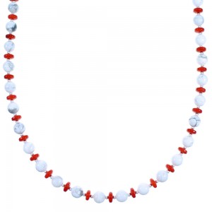 Howlite And Coral Genuine Sterling Silver Bead Necklace RX114263