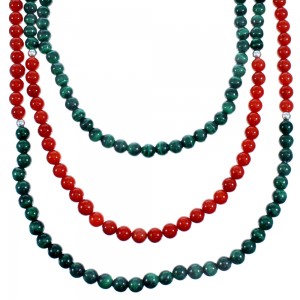 Authentic Sterling Silver Coral Malachite 3-Strand Bead Necklace RX114625