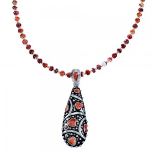 Red And Orange Oyster Shell Sterling Silver Bead Necklace Set RX114796