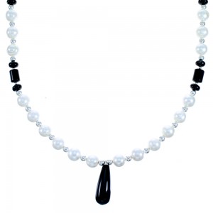 Onyx And Fresh Water Pearl Sterling Silver Tear Drop Bead Necklace SX114860