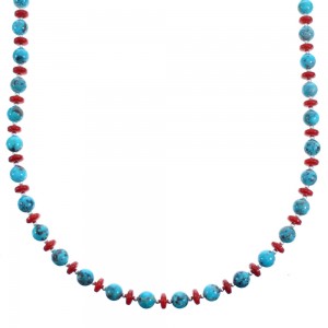Genuine Sterling Silver Southwestern Turquoise And Coral Bead Necklace SX115070