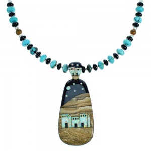 Native American Village Design Multicolor Inlay Sterling Silver Necklace Set RX115216