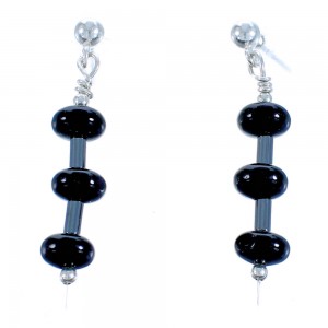 Authentic Sterling Silver Snowflake Obsidian and Hematite Bead Post Dangle Earrings DX115866