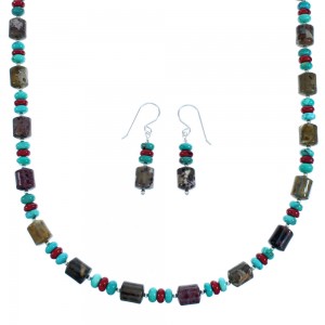 Sterling Silver Multicolor Bead Necklace And Earrings Set BX115765