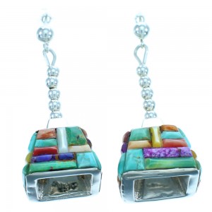 Southwest Sterling Silver Multicolor Inlay Post Dangle Earrings DX116701