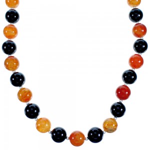 Fire Agate And Onyx Sterling Silver Bead Necklace BX116291