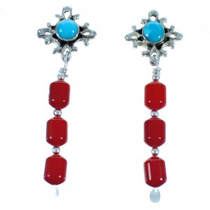 Southwest Sterling Silver Turquoise And Coral Post Dangle Earrings BX115894