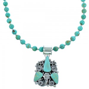 Navajo Turquoise Sterling Silver Bead Necklace And Pendant Set DX117557