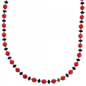 Southwest Coral and Onyx Sterling Silver Bead Necklace DX117345