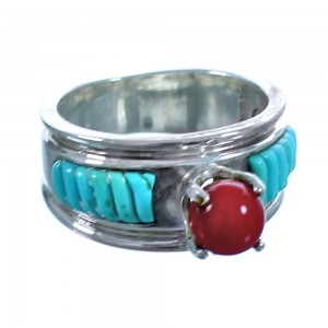 Genuine Southwest Sterling Silver Turquoise and Coral Ring Size 5-1/2 CS117703