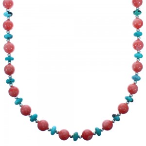 Southwest Turquoise and Pink Coral Sterling Silver Bead Necklace DX117798