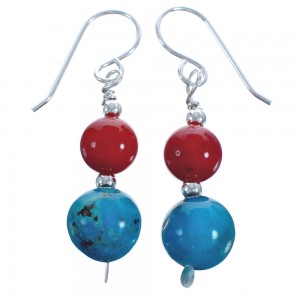 Genuine Sterling Silver Turquoise And Coral Hook Dangle Bead Earrings BX120709