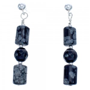 Snowflake Obsidian Genuine Sterling Silver Bead Post Dangle Earrings BX119914