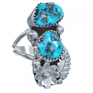 Sterling Silver Turquoise Native American Flower And Leaf Ring Size 7-1/4 BX120088