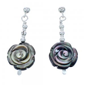 Black Mother of Pearl Flower Sterling Silver Bead Post Dangle Earrings KX120945