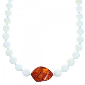 Sterling Silver Mother of Pearl and Amber Bead Necklace KX120913