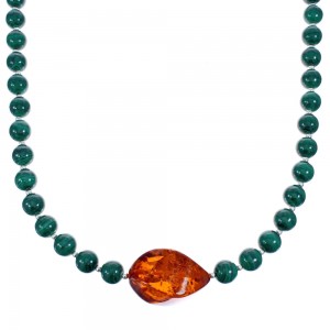 Sterling Silver Malachite and Amber Bead Necklace KX120922