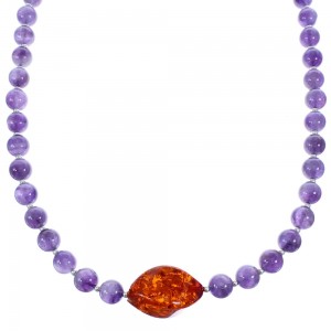 Amethyst and Amber Sterling Silver Bead Necklace KX120924