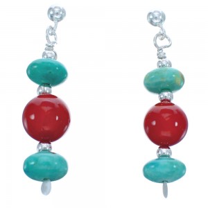 Turquoise And Coral Genuine Southwest Bead Post Dangle Earrings KX120930