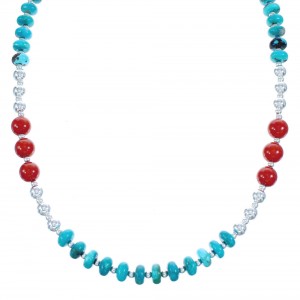Turquoise and Coral Authentic Sterling Silver Bead Necklace KX120919