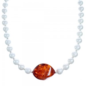 Southwest Mother of Pearl and Amber Bead Necklace KX121128