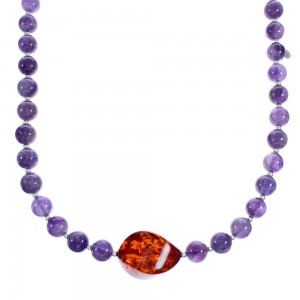 Sterling Silver Amethyst and Amber Bead Necklace KX121130