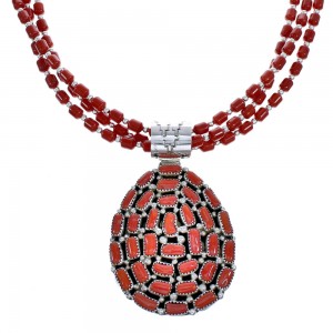 Sterling Silver Navajo Coral Pedant Bead Necklace KX121138