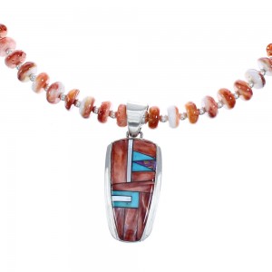 Navajo Red Oyster Shell Multicolor Bead Necklace with Inlay Pendant KX121139