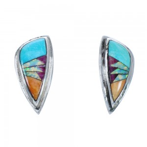 Southwest Multicolor Inlay Sterling Silver Post Earrings MX121564