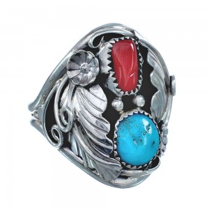 Authentic Sterling Silver Navajo Turquoise Coral Leaf Design Ring Size 11-1/4 AX122078