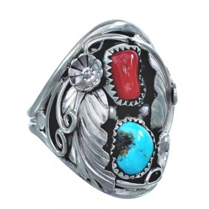 Authentic Sterling Silver Navajo Turquoise Coral Leaf Design Ring Size 10-3/4 AX122100