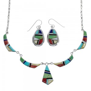 Southwestern Silver Multicolor Inlay Link Necklace Earrings Set JX124592