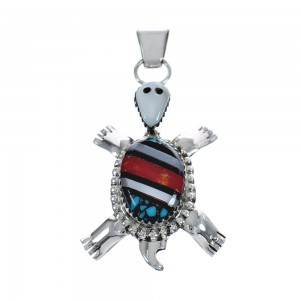 Native American Multicolor Inlay Sterling Silver Turtle Pendant JX125084