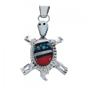 Native American Multicolor Inlay Sterling Silver Turtle Pendant JX125087