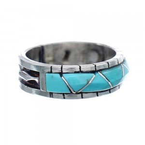 Turquoise Inlay Zuni Sterling Silver Ring Size 9 AX124936