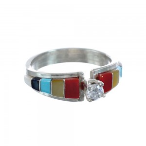 Multicolor Inlay Cubic Zirconia Zuni Sterling Silver Ring Size 8-1/2 AX125817