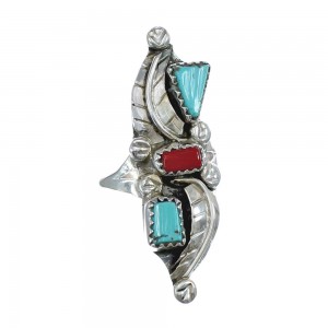 Native American Zuni Turquoise And Coral Leaf Ring Size 8-1/2 AX125813