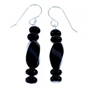 Native American Sterling Silver Onyx Bead Hook Dangle Earrings AX126032