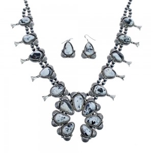 Navajo Genuine Sterling Silver White Buffalo Turquoise Squash Blossom Necklace Set JX127024