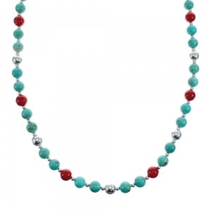 Turquoise Coral Sterling Silver Native American Bead Necklace JX127138