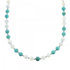 Turquoise Mother of Pearl Sterling Silver Native American Bead Necklace JX127152