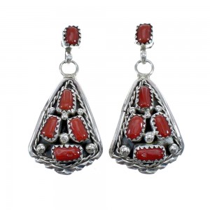 Native American Coral Sterling Silver Post Dangle Earrings JX127316