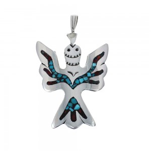 Turquoise and Coral Inlay Genuine Sterling Silver Navajo Thunderbird Pendant AX127423