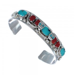 Turquoise and Coral Sterling Silver Zuni Effie Calavaza Snake Cuff Bracelet AX127481
