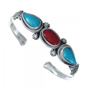 Navajo Turquoise And Coral Genuine Sterling Silver Cuff Bracelet AX127679