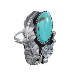 Flower Scalloped Leaf Turquoise Genuine Sterling Silver Navajo Ring Size 6-1/4 AX127697