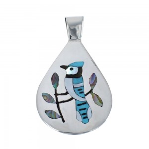 Multicolor Inlay Blue Jay Genuine Sterling Silver Zuni Pendant AX127956